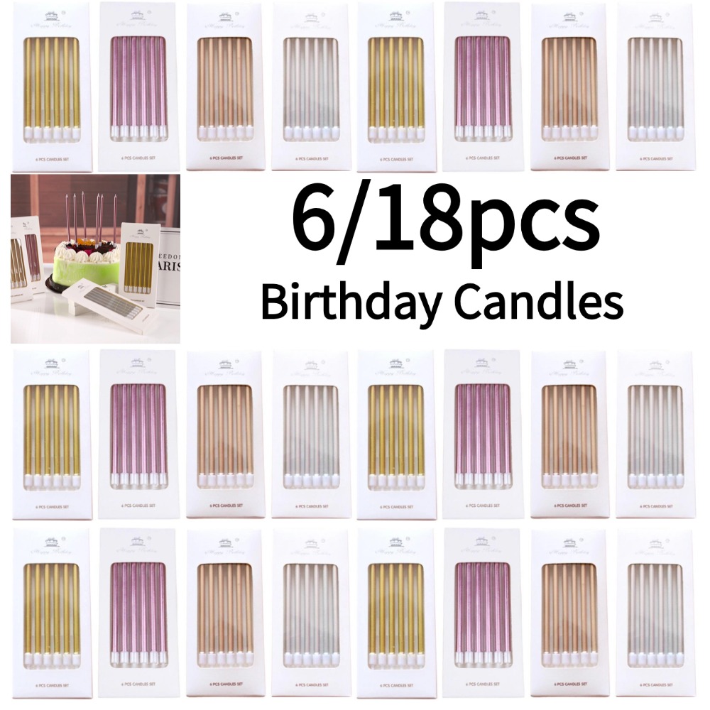 Silk Candle - เทียนวันเกิดโลหะสีทองเงิน 6/18 ชิ้น ของตกแต่งเค้กหลากสี DIY สำหรับงานแต่งงาน